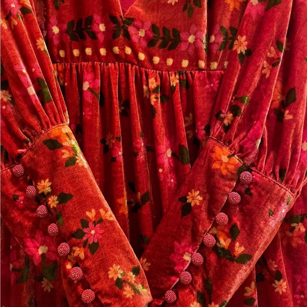 Farm Rio Romantic Garden Red Maxi Dress-small. Velvet - Picture 2 of 4
